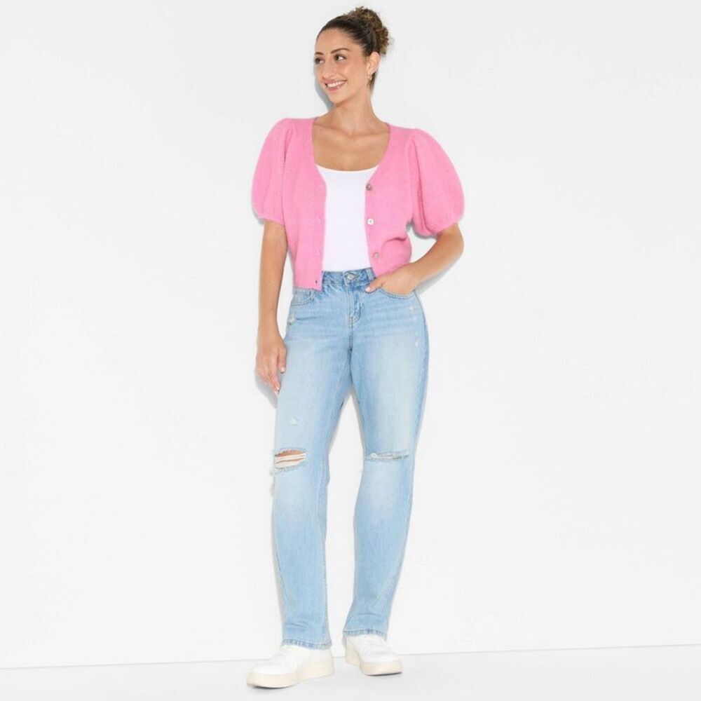 Women's Puff Short Sleeve V-Neck Cardigan - Wild Fable Rose Pink XS